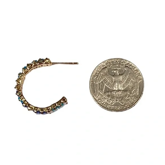 Radiant Blue & Iridescent Baguette Crystals C Shaped Gold Toned Hoop Earrings - Picture 4 of 5